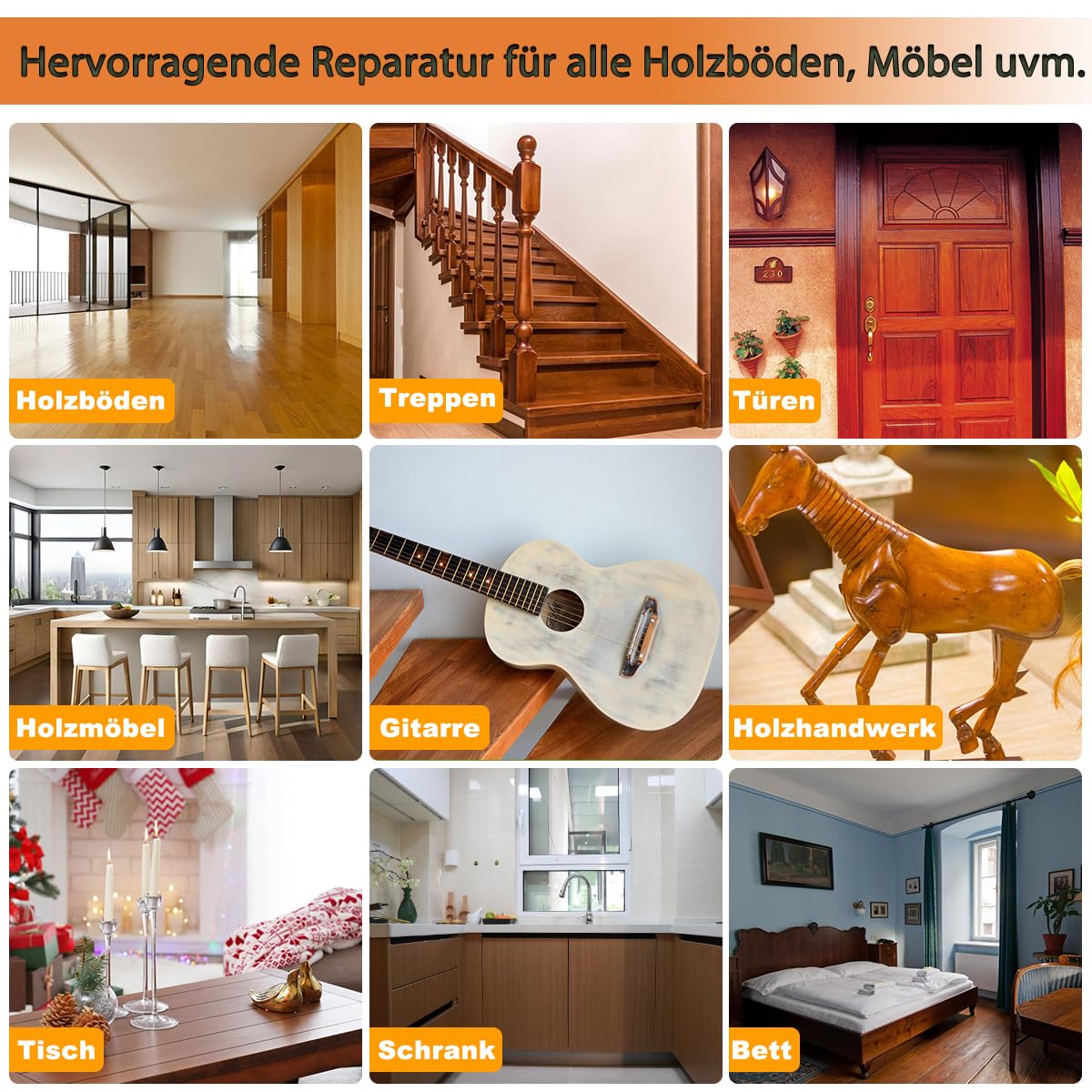 Stucco Per Legno Nero SEISSO 200g - Kit Riparazione Mobili Con Raschietto E Pennello - Foto 13