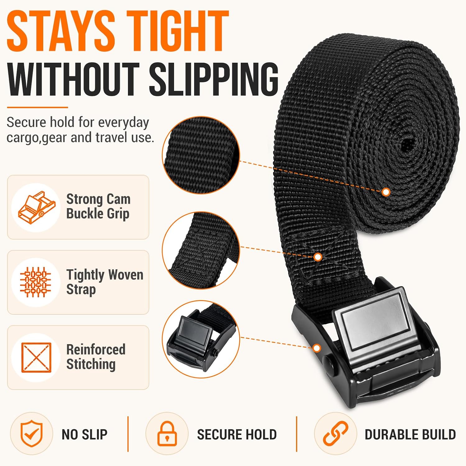 4-Pack Lashing Straps with Buckles, 0.78 Inch x 5 Feet, Black Cam Straps