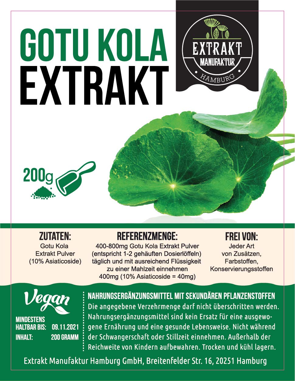 Gotu Kola Extrakt | 10% Asiaticoside | 200g Pulver | hochdosiertes Pflanzenextrakt | ohne Zusatzstoffe | vegan in Deutschland abgefüllt (Pulver 200g)