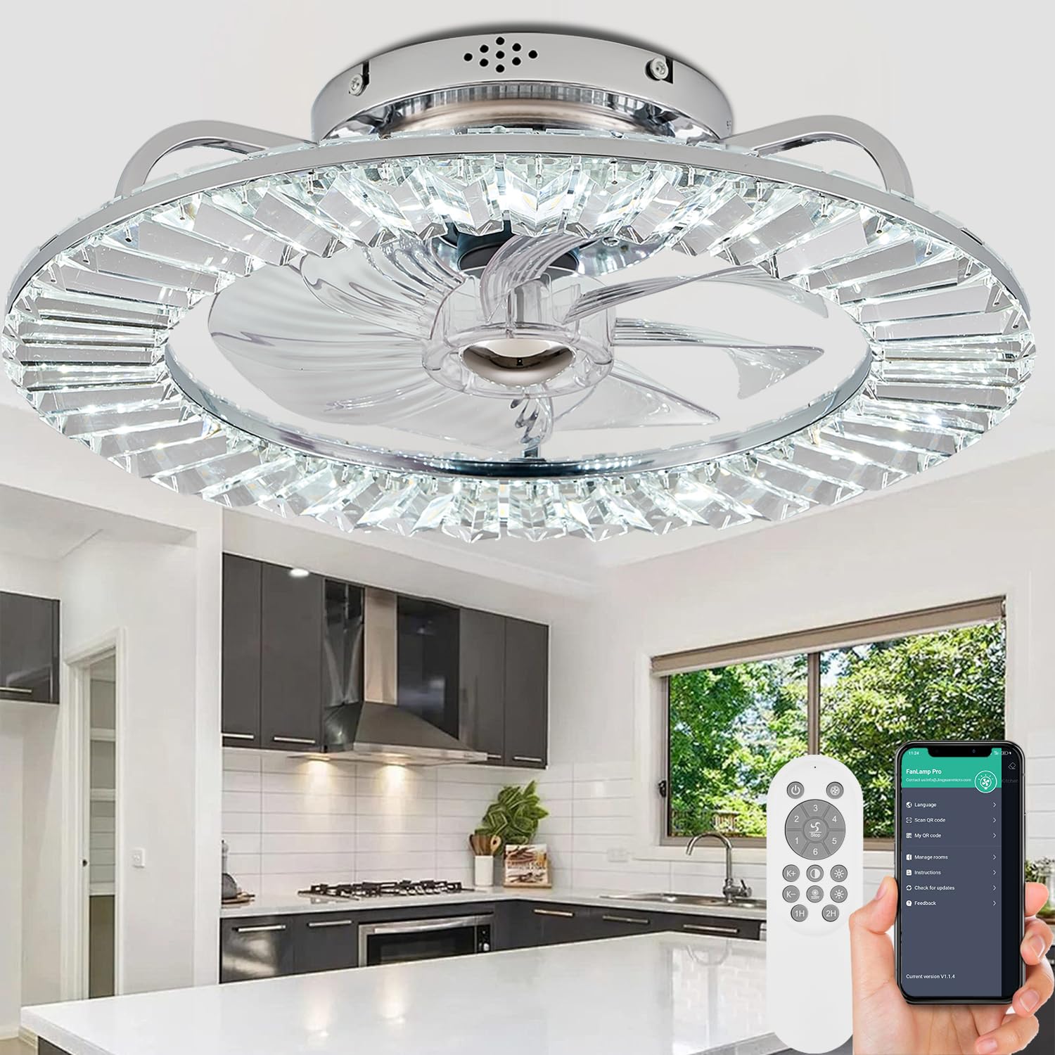 Crystal Low Profile Ceiling Fan with Light - Modern Flush Mount Enclosed Ceiling Fan 20" LED Dimmable Bladeless Ceiling Fans with Remote Control,Smart 3 Light Color and 6 speeds