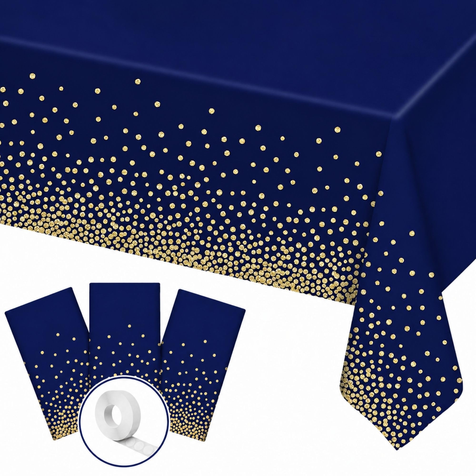 Blue Orchards Blue and Gold Dots Table Cover (Pack of 3 with 20 Glue dots) - 54"x108" XL - Plastic Tablecloth, Anniversary, Wedding, Graduation Decoration, Picnic &amp; Golden Birthday Party Supplies