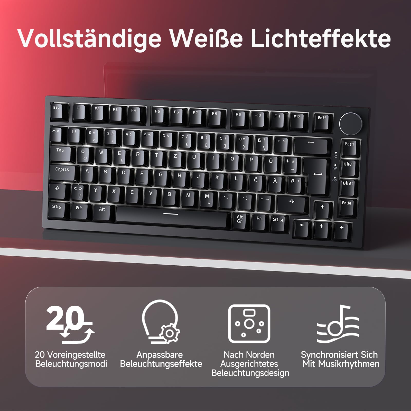 AJAZZ AK820 75% Hot Swappable Wired Mechanical Keyboard, German QWERTZ Layout, PBT Keycaps, 82-Keys Gaming Keyboard, Black