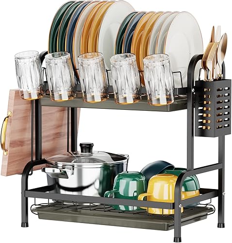 Swedecor Escurridor de platos escurridor de platos de 2 niveles resistente al óxido escurridor de platos pequeño con bandeja de drenaje soporte para
