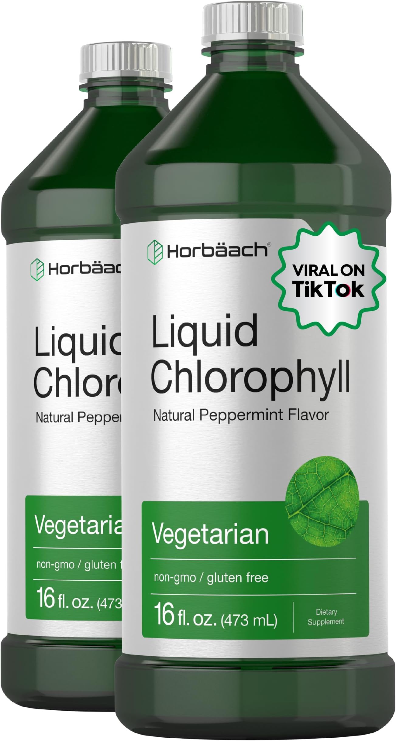 Horbäach Chlorophyll Liquid Drops | 100mg | 32 oz (2 x 16 oz Bottles) | Natural Peppermint Flavor | Vegetarian, Non-GMO, Gluten Free Supplement