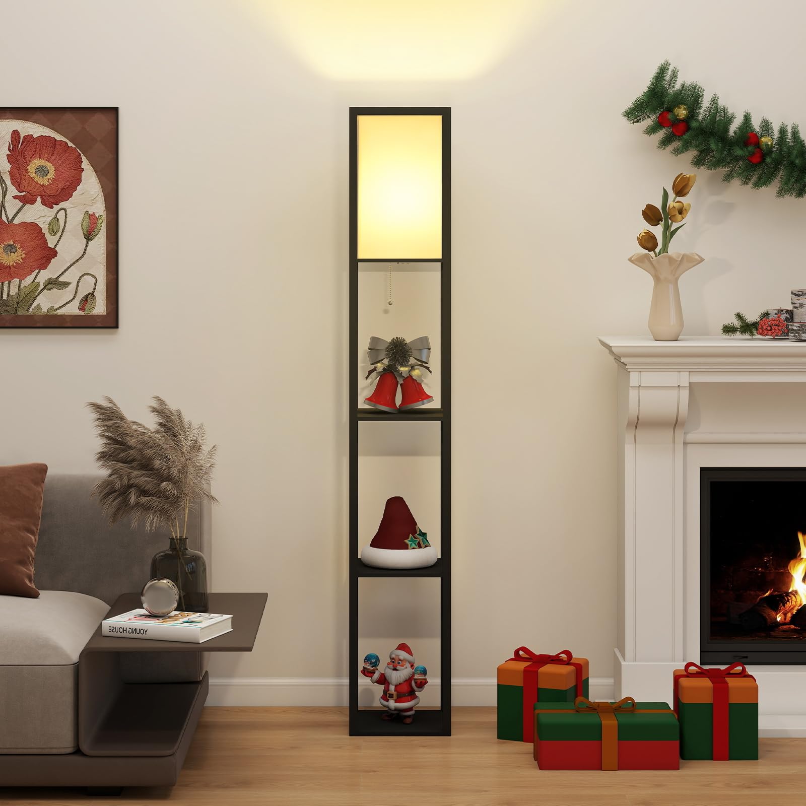 Fullwatt Stehlampe mit Holzregal Innenbeleuchtung Holz Stehleuchte mit Regalen für Schlafzimmer und Wohnzimmer (schwarz)