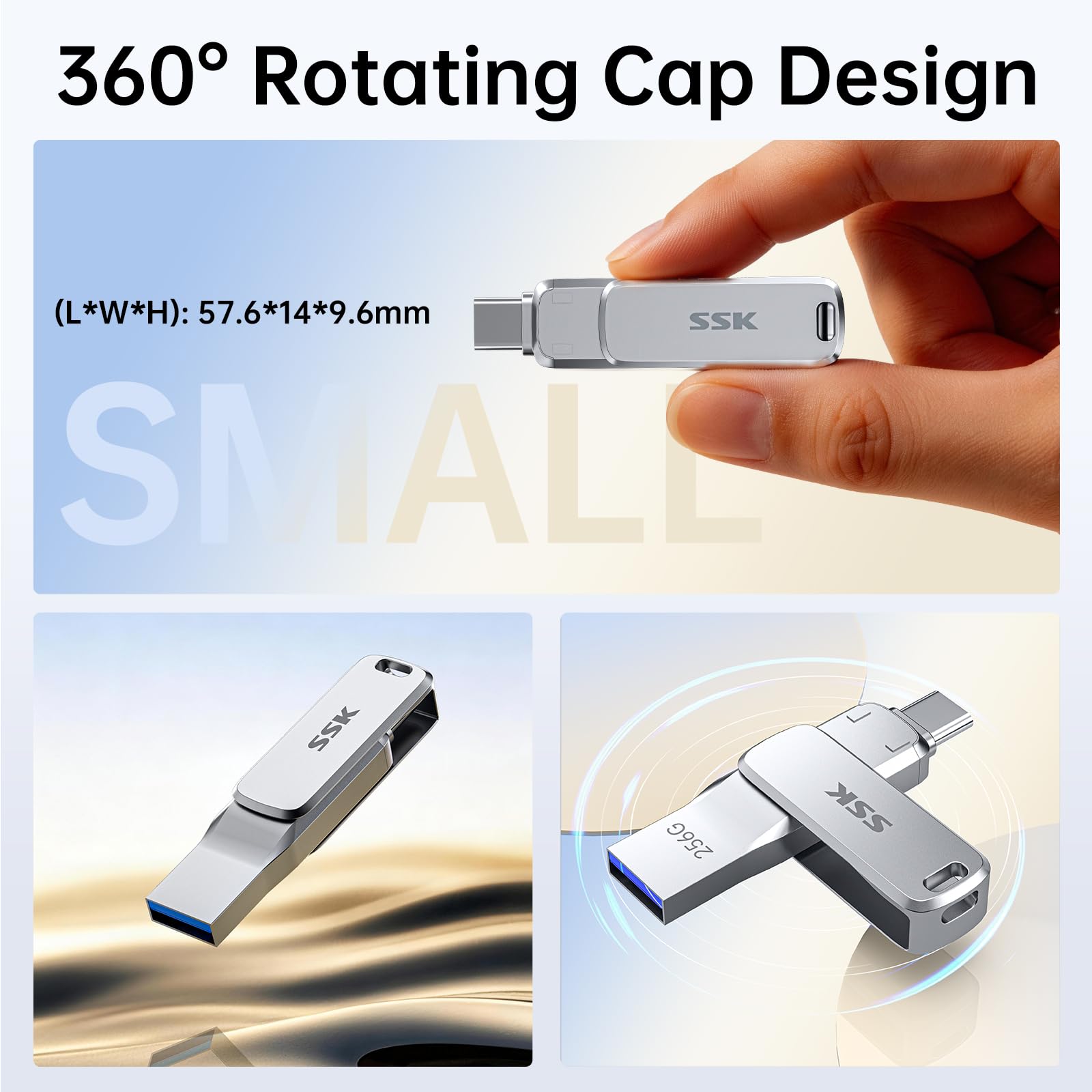 SSK 256 GB Chiavetta USB Dual Connettori, Chiavetta USB C Flash Drive fino a 220 MB/s Tipo-C e USB-A Memory Stick per iPhone 15/16/17Pro/Android OTG con impermeabile, antipolvere e anti-caduta