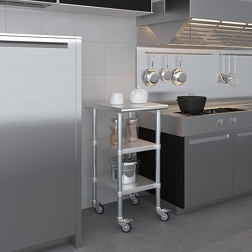 Miniatura 126 de AmGood Mesa de trabajo de acero inoxidable con 2 estantes y ruedas Mesa de trabajo de metal con ruedas
