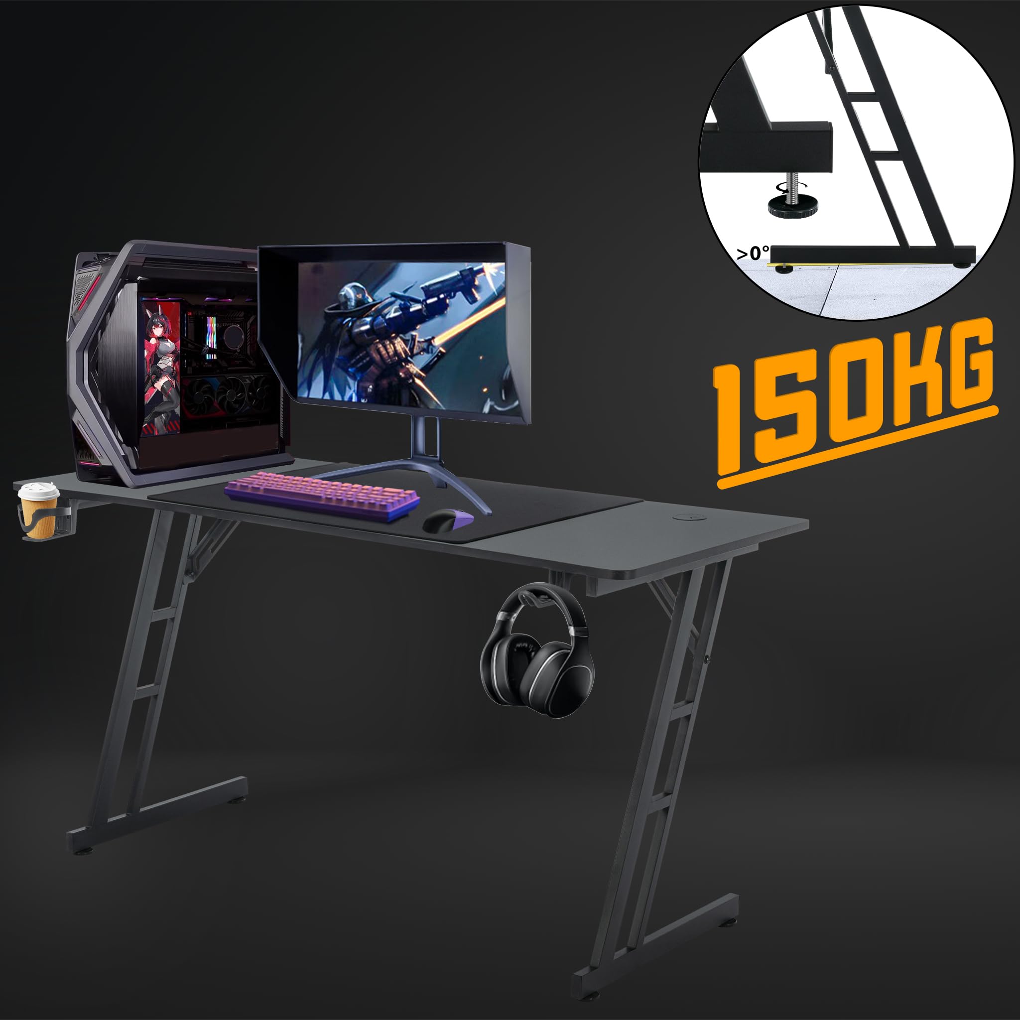 NAIZY Gaming Tisch 160x60cm Gamingtisch Schwarz Schreibtisch Kohlefaserplatte Gamer Computertisch Ergonomischer PC Tisch mit Kabelloch