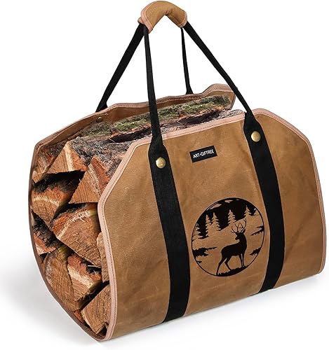 Miniatura 2 de Bolsa de lona encerada grande de 39 x 18 pulgadas con asas, soporte de madera resistente para chimenea, reno