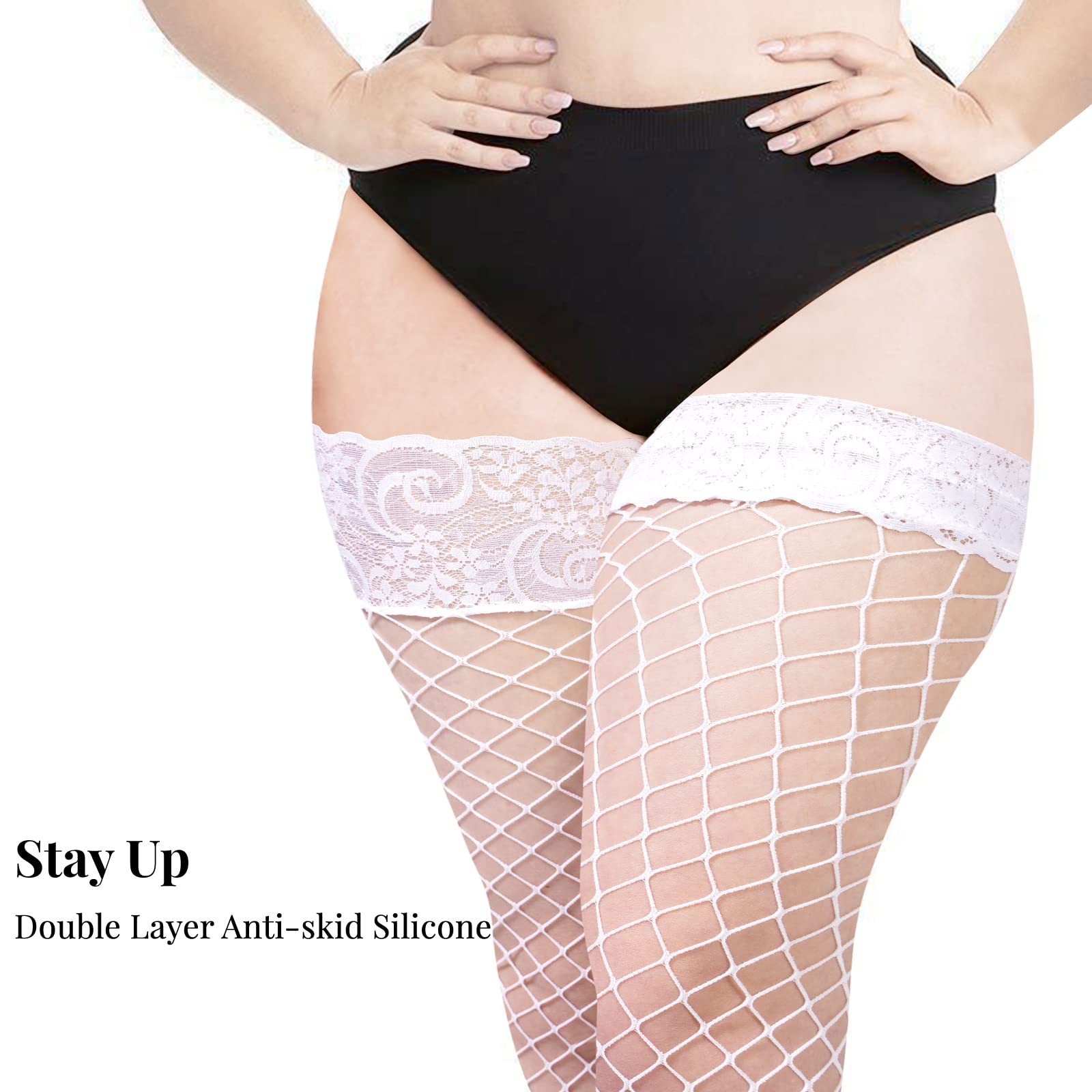 Moon Wood Plus Size Fishnet Stockings Womens Sheer Silicone Lace Top Stay Up Lingerie Fishnets Thigh Highs Stockings