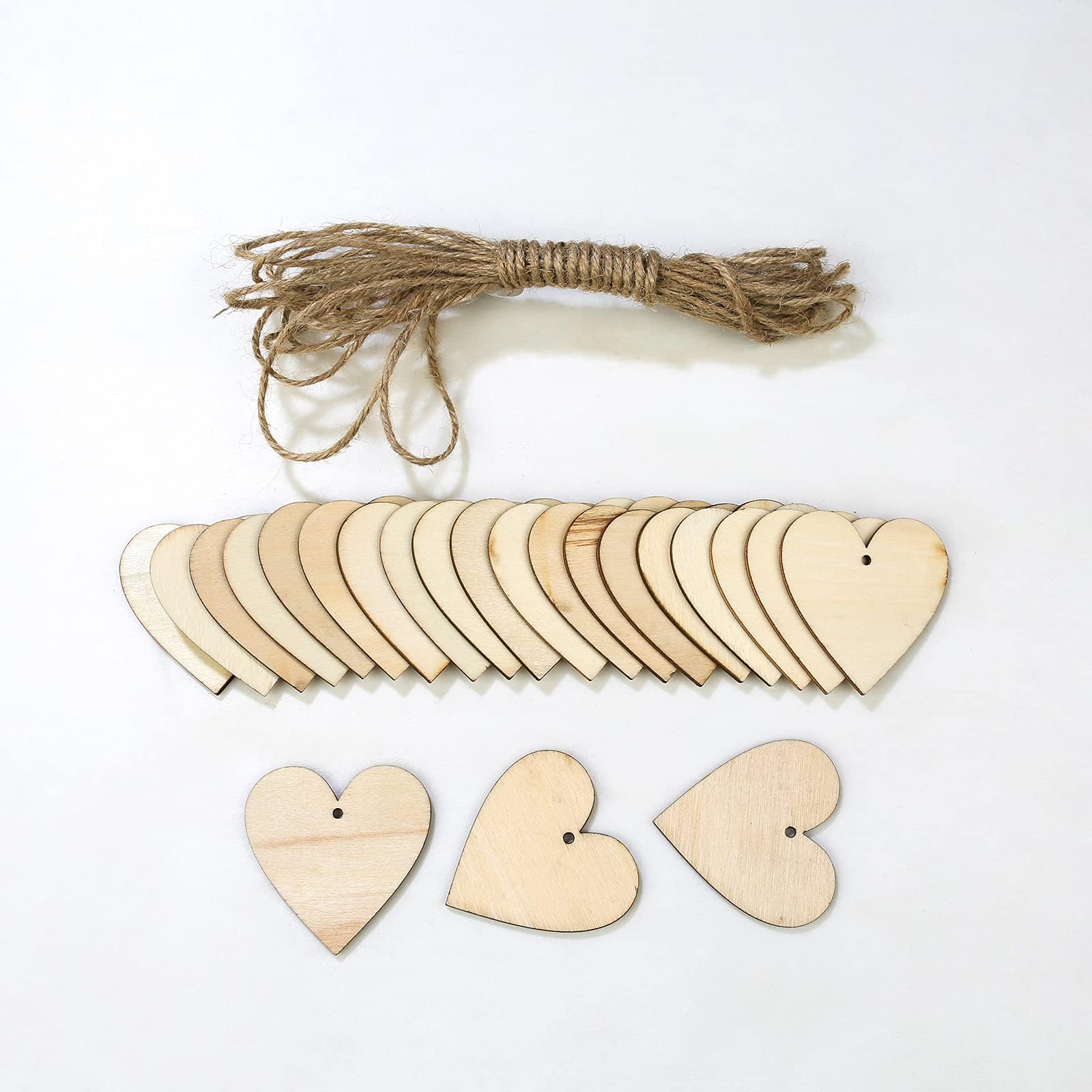 Meetppy GUZON 100 Pieces 2" Natural Heart Wood Slices, DIY Wooden Ornaments Unfinished Predrilled Wooden Heart Embellishments with Natural Twine for Valentine's Day, Wedding,Thanksgiving, Christmas