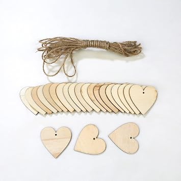 100 Pieces 2" Natural Heart Wood Slices, DIY Wooden Ornaments Unfinished Predrilled Wooden Heart Embellishments with Natural Twine for Valentines Day, Wedding,Thanksgiving, Christmas