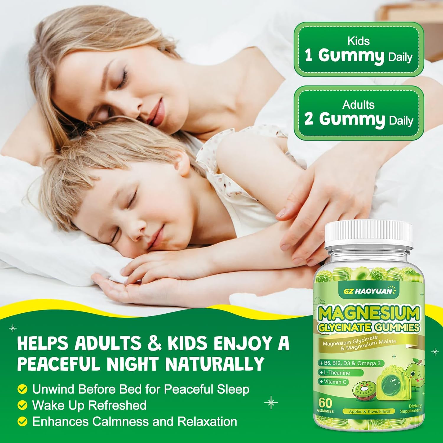 Magnesium Glycinate Gummies for Kids & Adults - Sugar Free Magnesium Malate with L-Theanine, Omega-3, Vitamin D3, B6, B12, C- Sleep, Calm, Relaxation, Brain, Bones, Green Apple & Kiwi, 60ct (2 Pack)