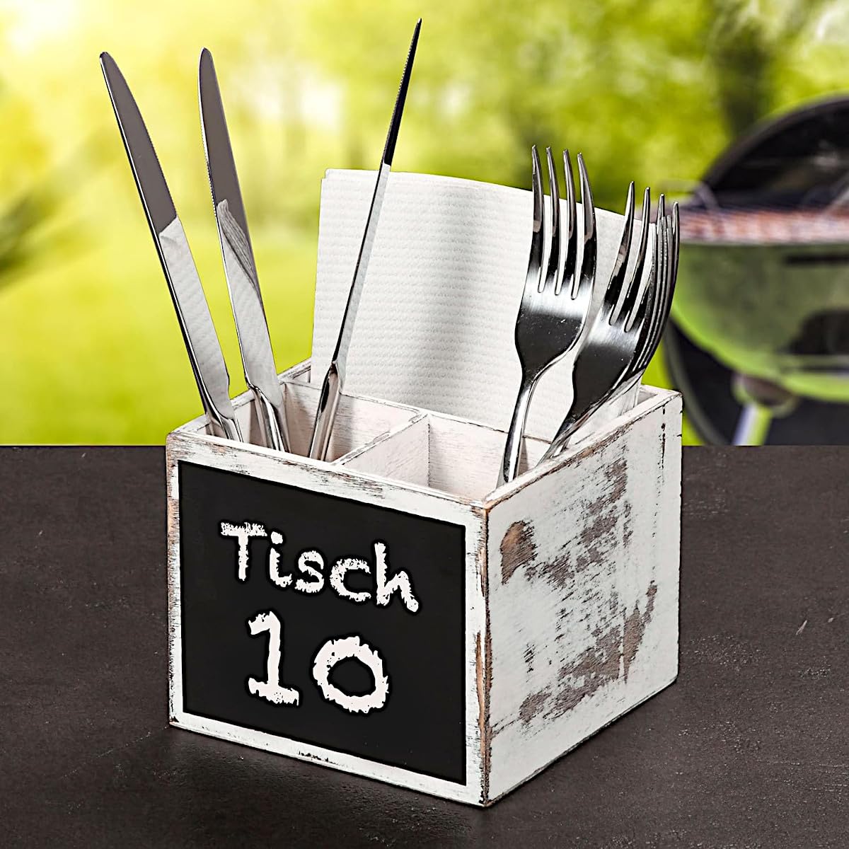 10er SET KESPER Besteckbox 66277 aus FSC-zertifiziertem Sperrholz Vintage weiß mit Kreidetafel/Besteckbehälter