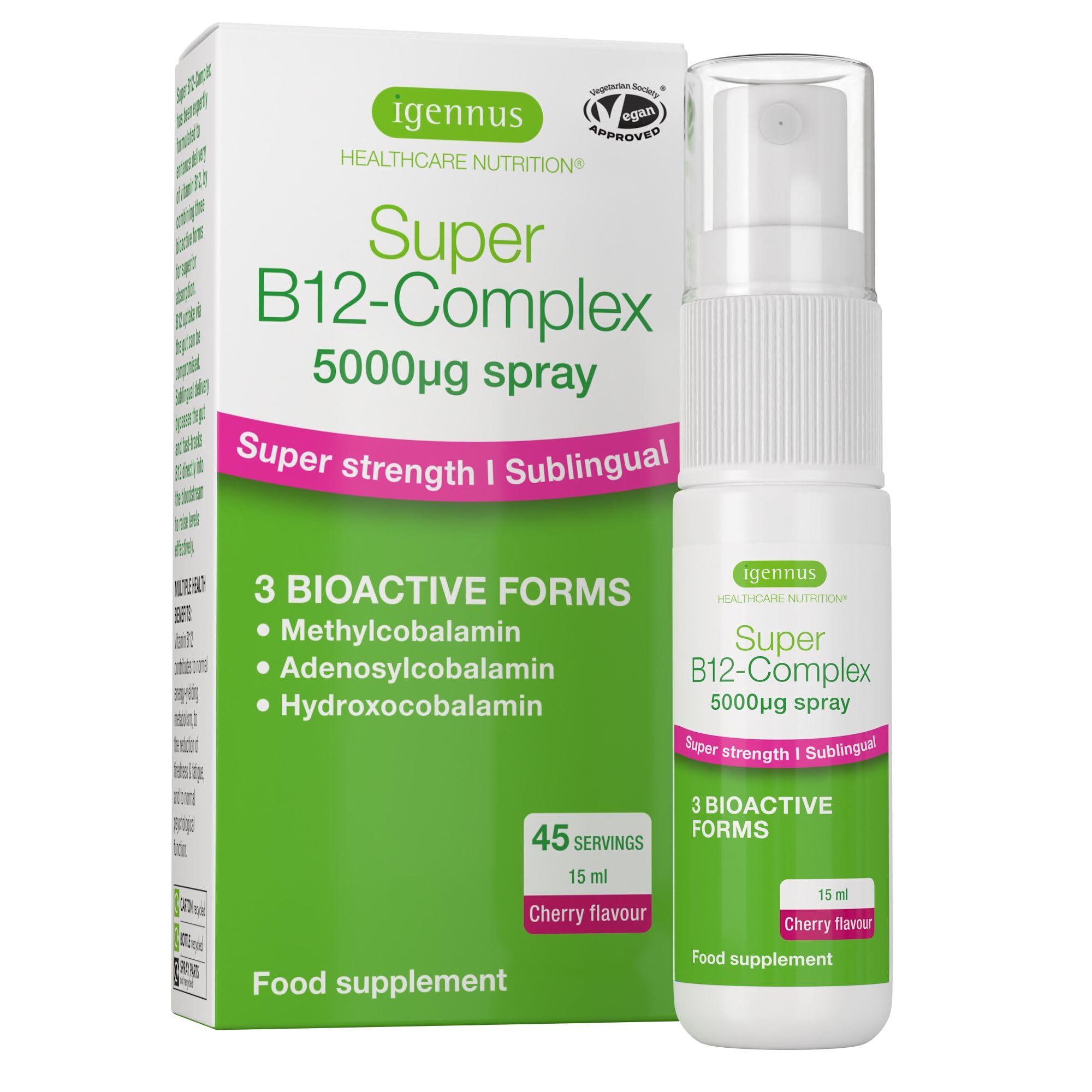 Igennus Super Vitamin B12 Complex 5000mcg, High Strength Liquid Sublingual Spray, Methylcobalamin, Adenosylcobalamin & Hydroxocobalamin,Methylated & Clean, Natural Cherry Flavour, 45 Servings, Vegan