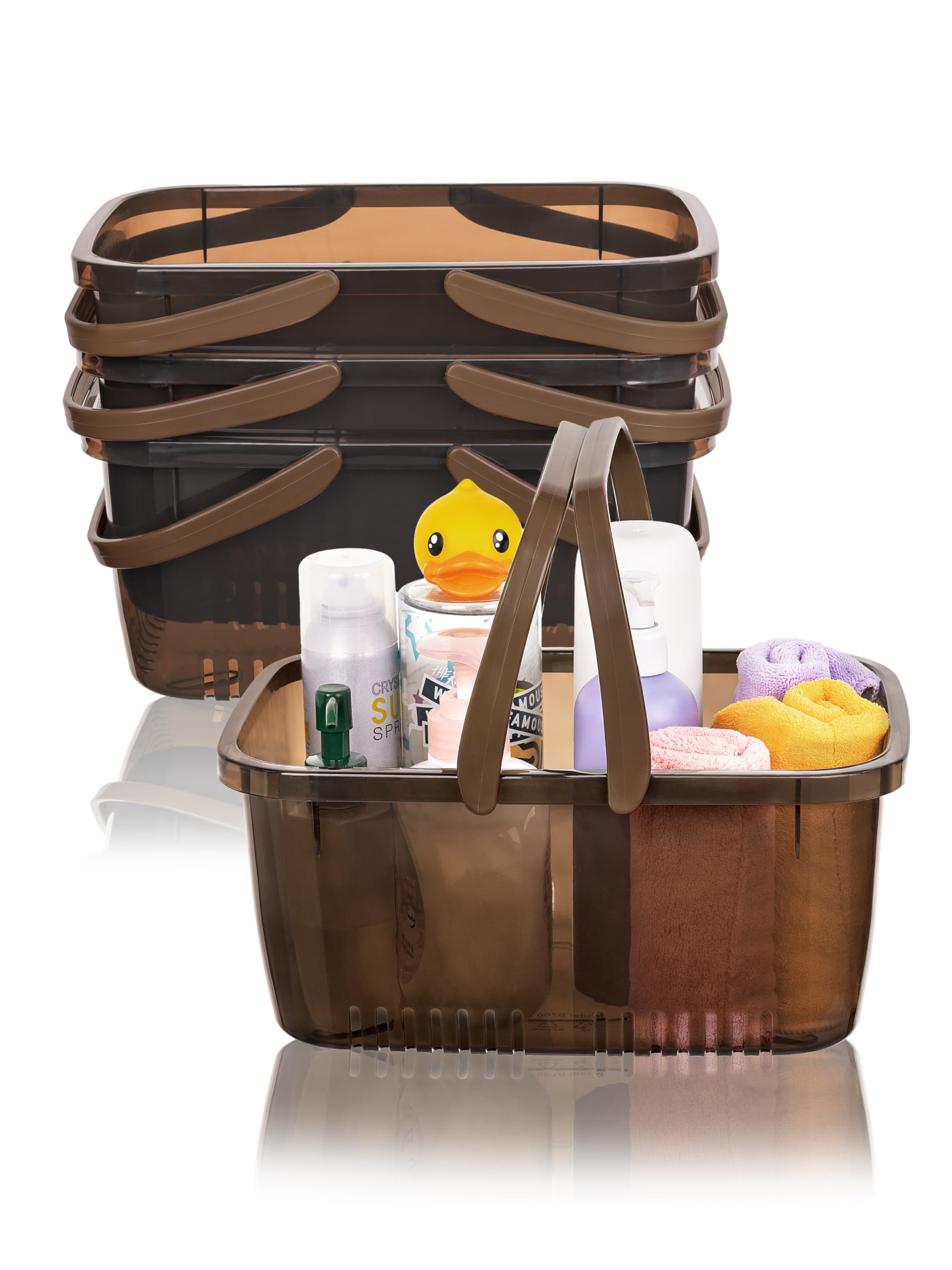 Cetomo Shower Caddy Basket, Plastic Shower Organiser with Foldable Handle, Portable Storage Box with Drainage Holes for Bathroom, Kitchen, Dorm, Shower Gel, Shampoo, Cosmetic, Clear Brown-4 Pack