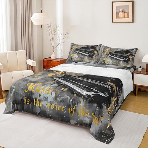 Miniatura 7 de Juego de sábanas de música de piano, tamaño Queen, juego de ropa de cama de notas musicales de 4 piezas para decoración de habitación de niños,