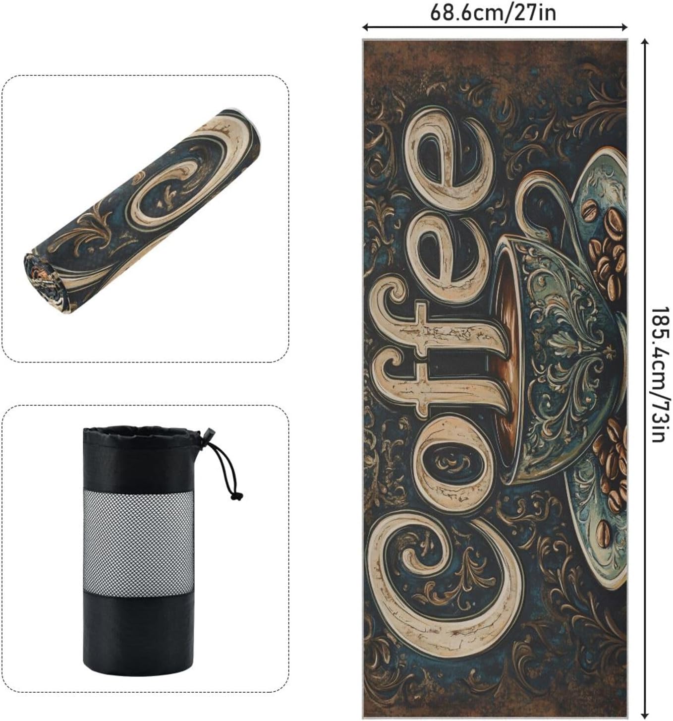 Coffee Cup Hot Yoga Towel – Stylish, Non-Slip, Grip Dot, Super Absorbent, 27" x 73" - Yoga Mat Towels for Exercise, Fitness