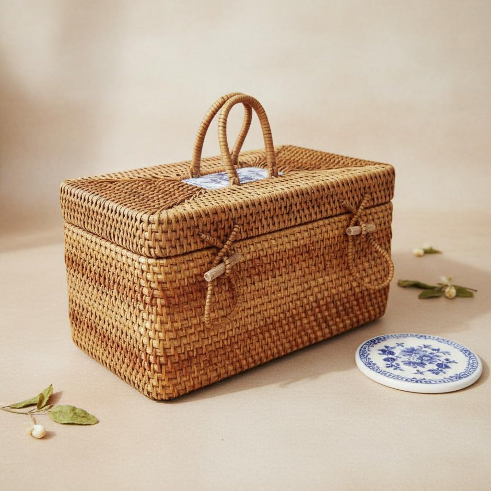 Caja de Ratán con Tapa Agarraderas Portátil Cesta Tejida de Mimbre Multiusos Baúl Almacenamiento Estilo Retro para Dormitorio, style to 1