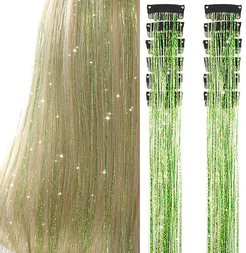 Hair Tinsel Pack of 12 Pcs Clip in Hair Tinsel 20 Inch Glitter Green Tinsel Green Hair Extensions, Festival Tinsel Fairy Hair Party Dazzle Hair Accessories Strands Kit(12Pcs,Grass Green#)