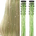 Hair Tinsel Pack of 12 Pcs Clip in Hair Tinsel 20 Inch Glitter Green Tinsel Green Hair Extensions, Festival Tinsel Fairy Hair Party Dazzle Hair Accessories Strands Kit(12Pcs,Grass Green)