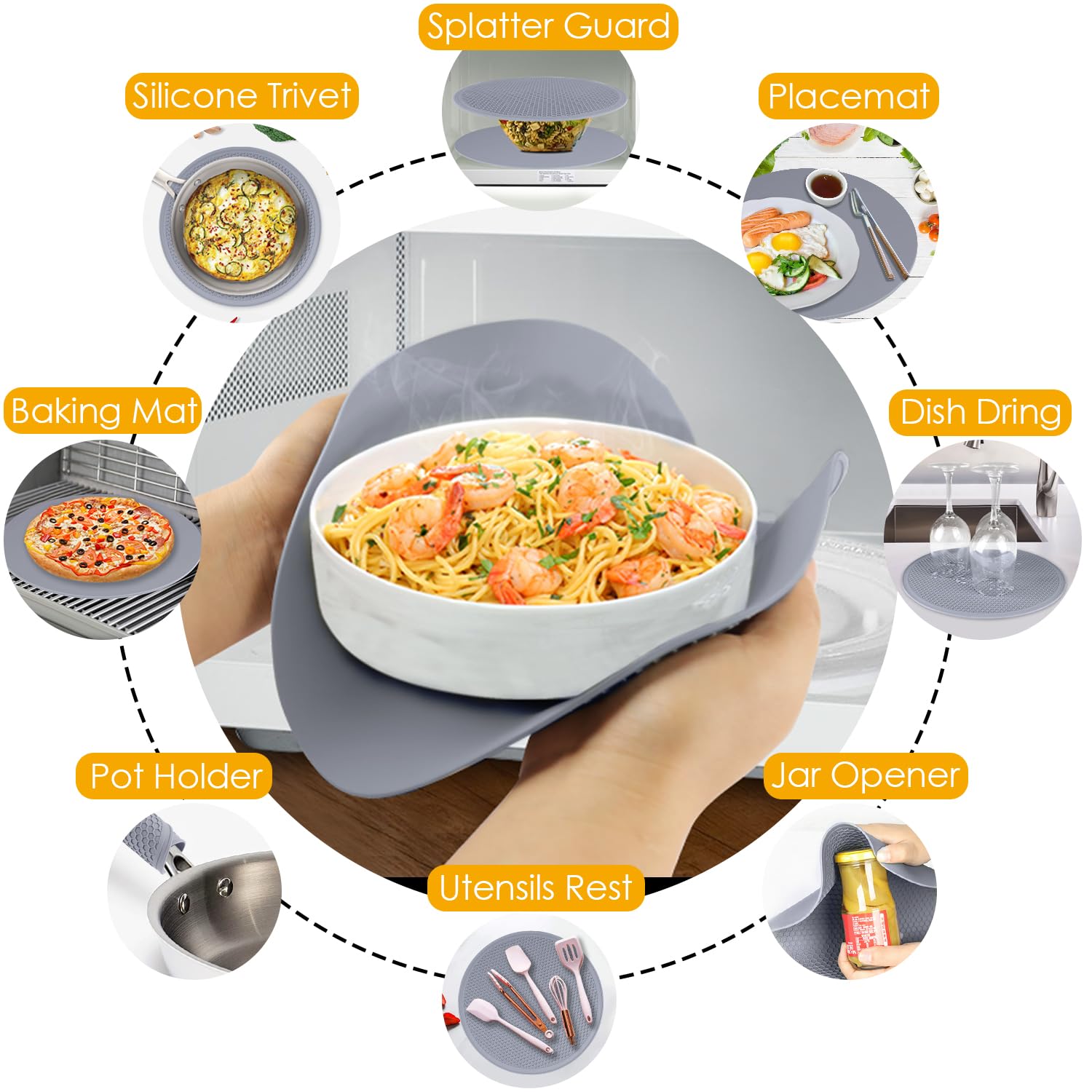 Almohadilla multiusos de silicona de 12 pulgadas, tapete de secado o salvamanteles para sartenes calientes, platos, resistente al calor, gris claro, paquete de 4