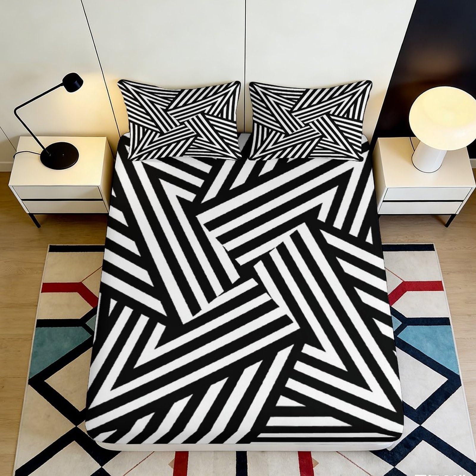 Jqzkxnhpbr Style-4 3D Printed Geometric Stripe Fitted Sheet Microfiber Black White Abstract Mattress Cover For Bedroom Dorm Decor 90X200x25cm