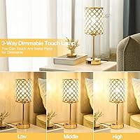 Vista 2 de Hong-in Lámparas doradas para mesitas de noche, lámpara de mesa de cristal con puertos de carga USB-C+A y CA, lámpara táctil regulable de 3 vías