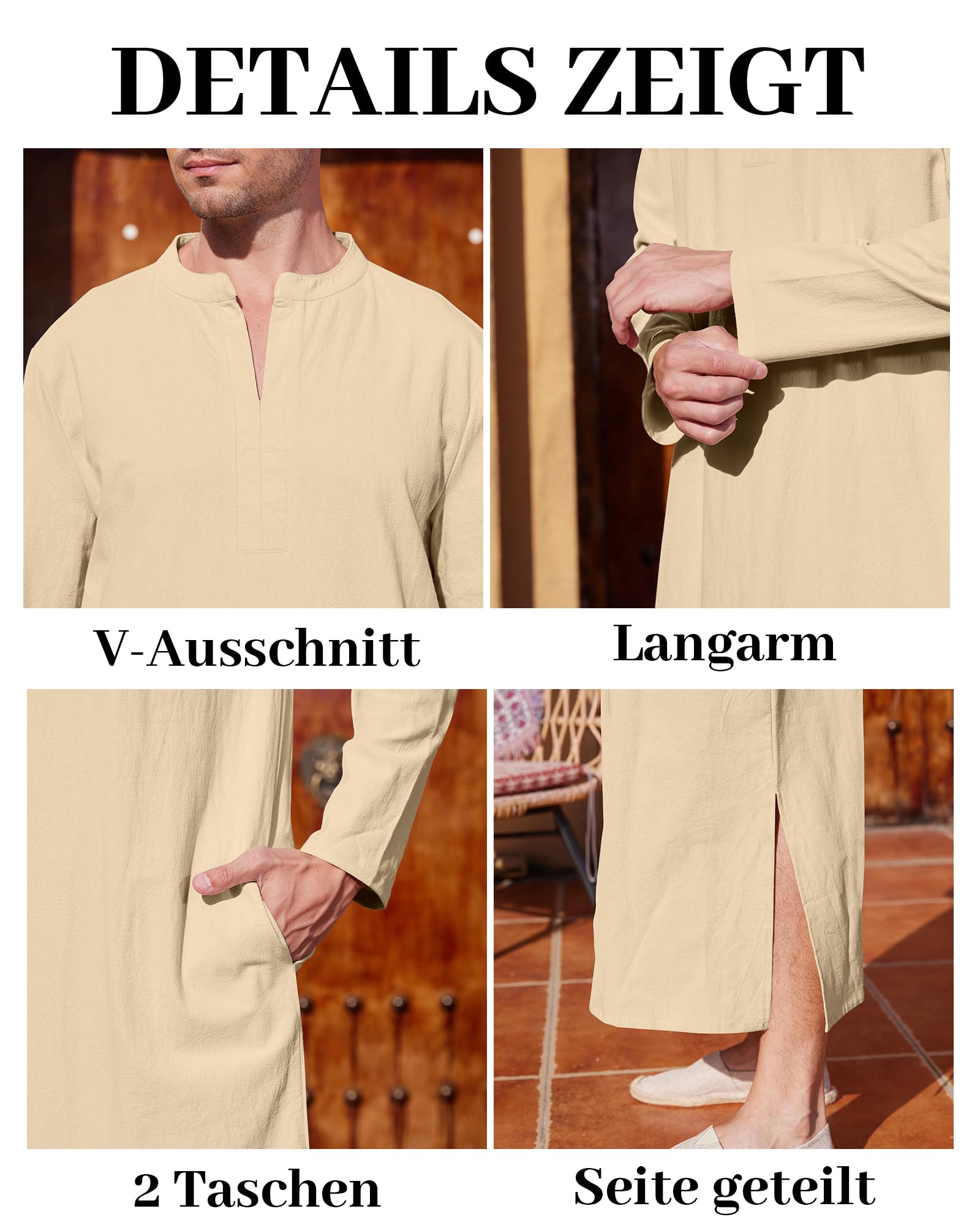 LVCBL Caftan à manches longues pour homme avec poches, coupe universelle, taille M à 3XL