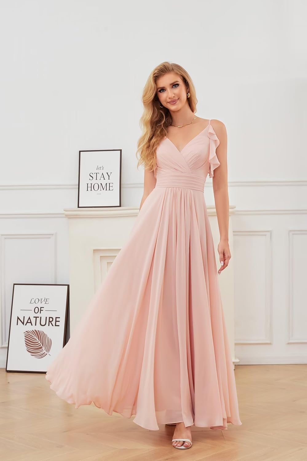 YUAOHUANG Women Chiffon Bridesmaid Dress Flowy Spaghetti Straps V Neck Corset Ruched Ruffle Sleeves Wedding Guest Dresses