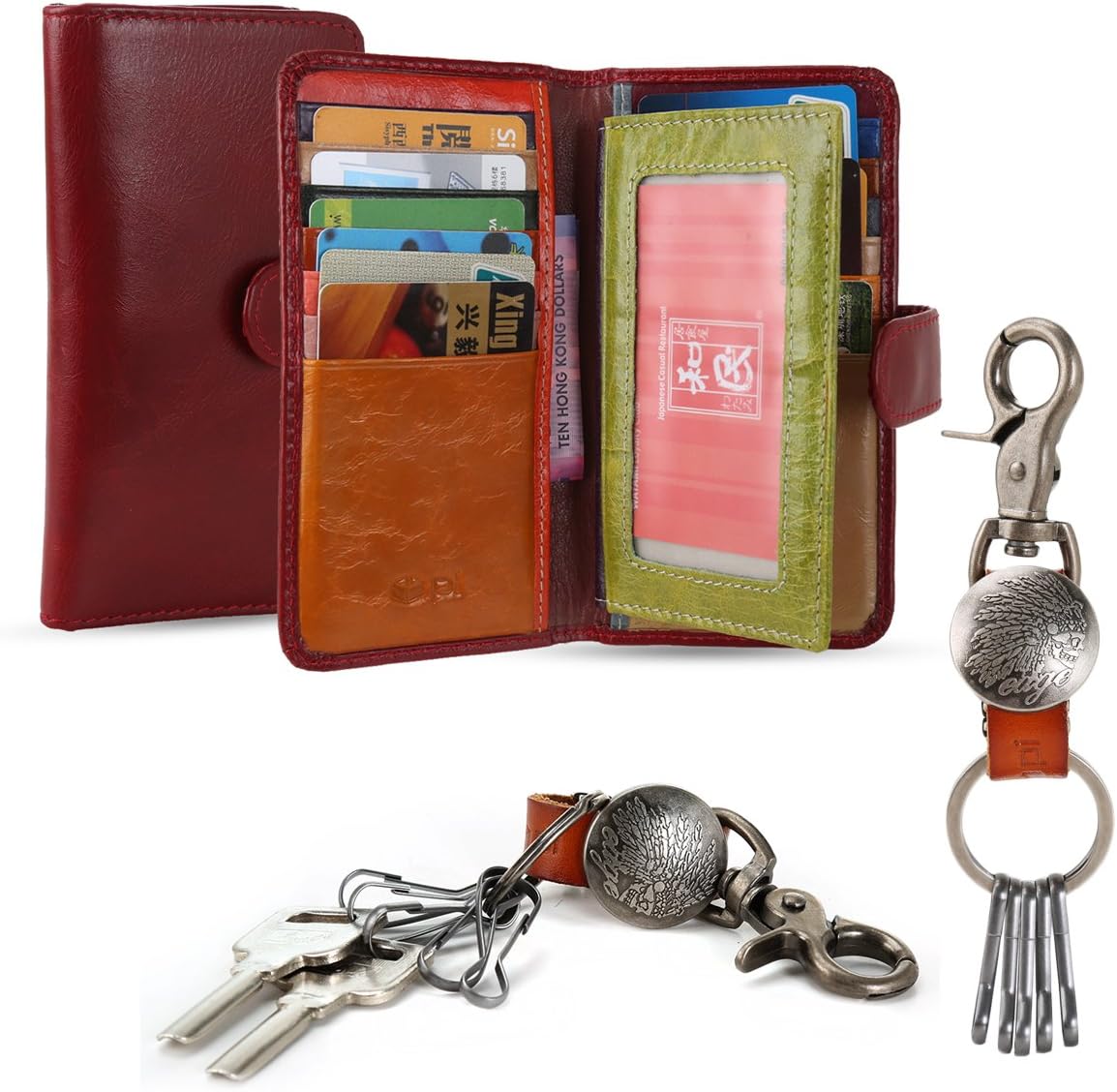 Onepi Ultra Soft Premium Full-grain Leather ID Window Card Wallet with Press Stud - Free Bonus Gift Key Ring - Friendly Packaging (Rose Pink)