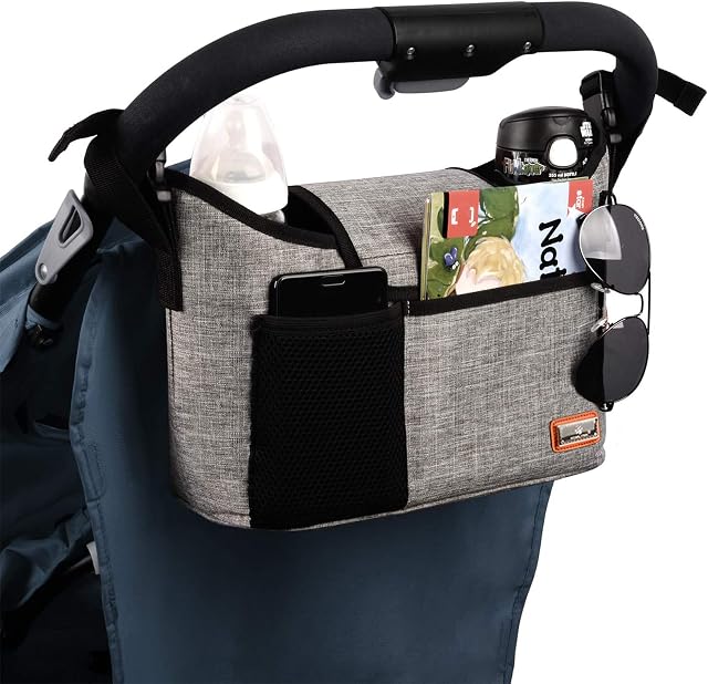 Buggy Pram Bag Organiser, 11L Large Capacity for Baby Accessories with 2 Deep Cup Holders & Shoulder Strap Used as Carry-On Handbag-Universal Fit All Buggy Models (Grey)