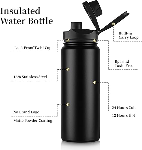 Miniatura 2 de Botella de agua aislada de 24 onzas con tapa de popote y tapas de boca ancha, botellas de agua deportivas de acero inoxidable, vacío de doble pared,