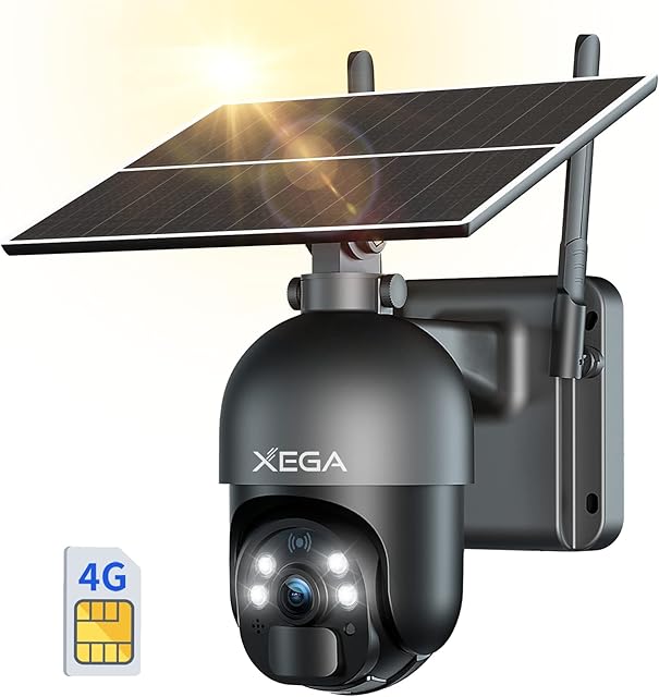 Xega 4G LTE Cellular Security Camera Outdoor Solar Camera Wireless, 2K HD Color Night Vision PTZ 360° View, Smart PIR Motion Detection, 2-Way Talk, No WiFi, SIM Card Included, IP66 - US Version