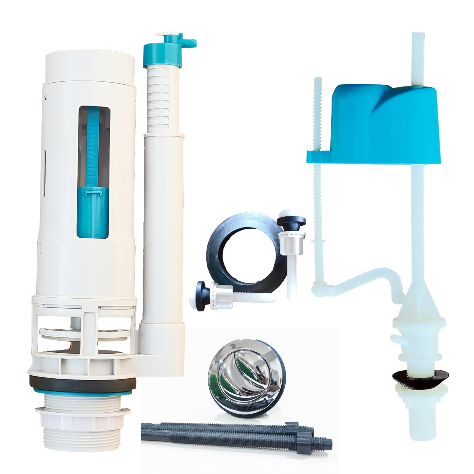 Two Piece Toilet Repair Kit with Dual Flush, Adjustable Fill Valve, Chrome Finish, 10 Inch, Complete Cistern Internal Fitting Set