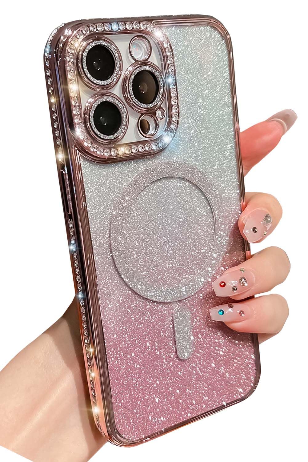Kwhapoo Bling Magnetic Compatible with iPhone 14 Pro 6.1 Inch Glitter Case, Cute Soft Clear Rhinestone Diamond Compatible with MagSafe Camera Lens
