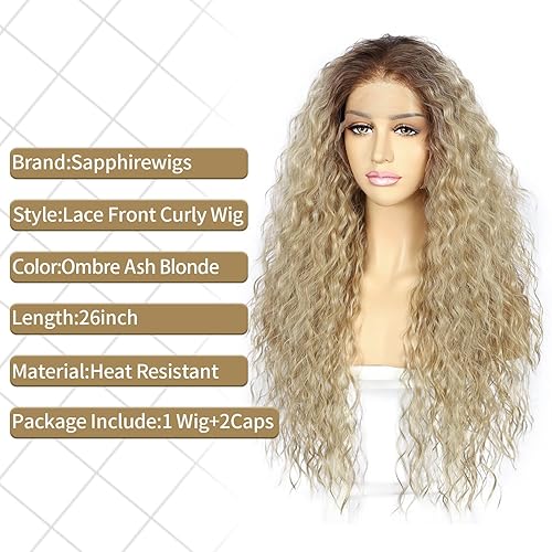 Miniatura 2 de SAPPHIREWIGS Peluca rizada suelta con encaje frontal, color rubio ceniza degradado, peluca sintética húmeda y ondulada, peluca prearrancada de