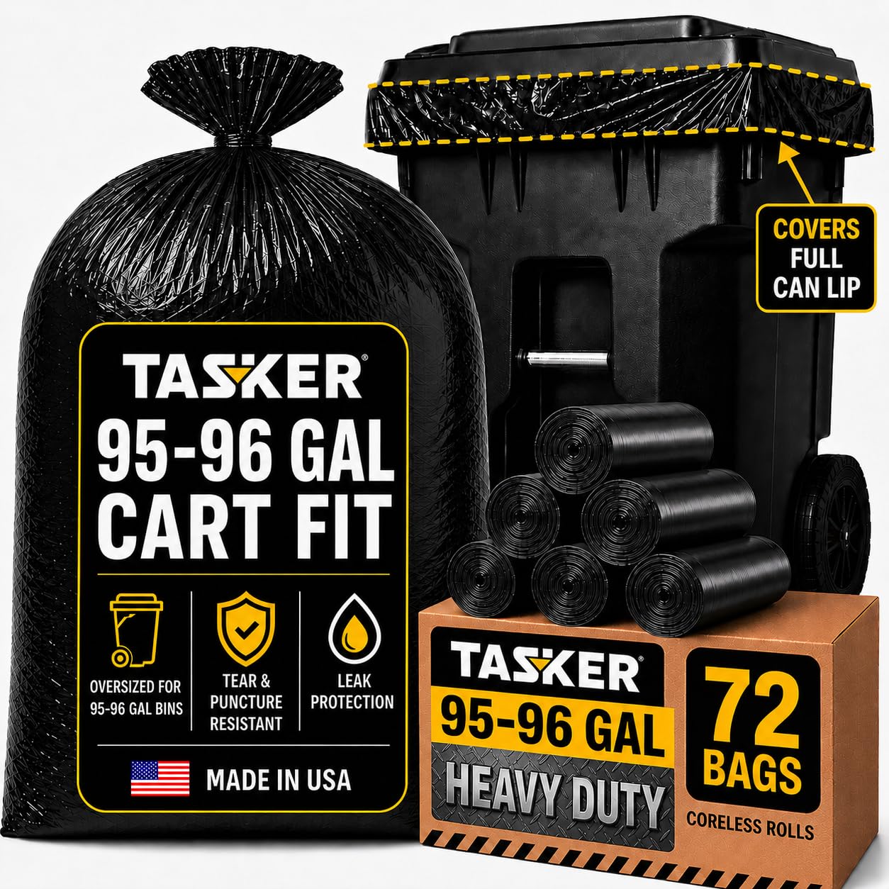 Bolsas de basura resistentes de 95 galones, paquete de 72 bolsas de basura extra grandes, bolsas de basura de 90 a 100 galones, bolsas de basura grandes de 96 galones (negro)