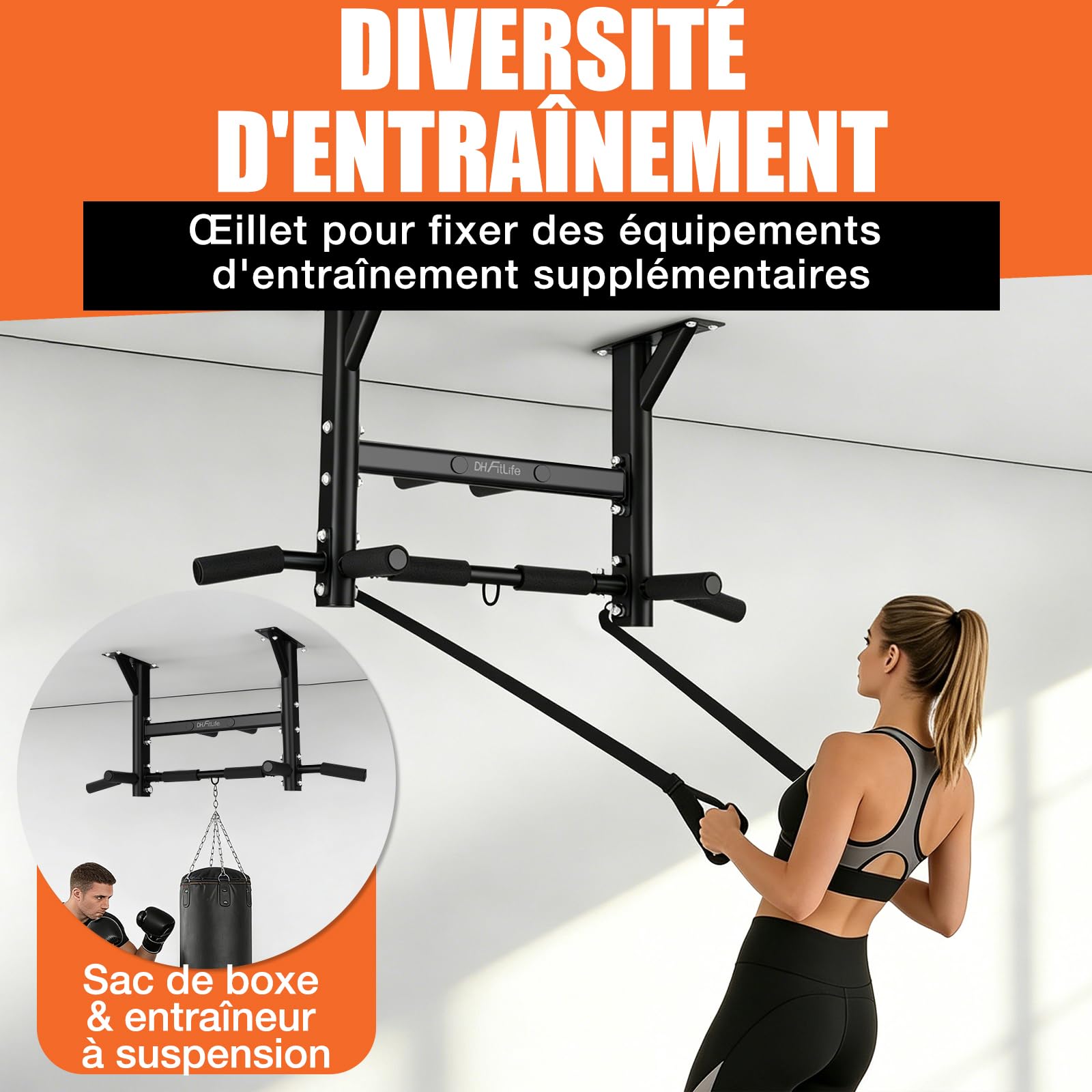 DH FitLife Barre de Traction Plafond 4-en-1, 8 Poignées, 300 kg | Montage plafond avec chevilles｜Sangle suspension incluse｜3 œillets｜Poignées antidérapantes｜Barre traction Home Gym
