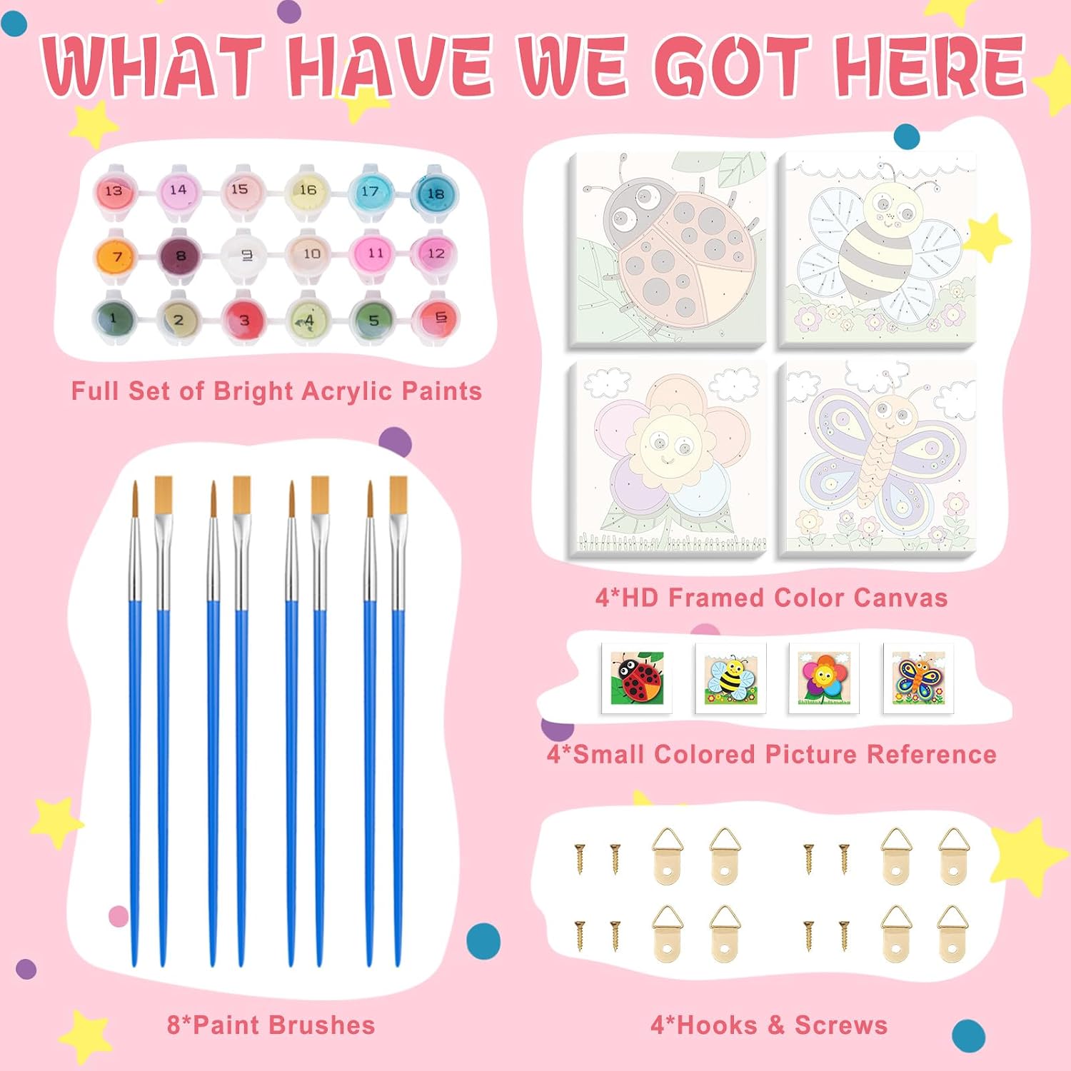 Framed 4 Pack Paint by Numbers Kit for Kids, Cute Cartoon Paint by Number for Kids Ages 4-8 Easy Paint by Number Kits Age 8-12, DIY Acrylic Oil Painting by Numbers for Home Wall Decor 8x8 Inch