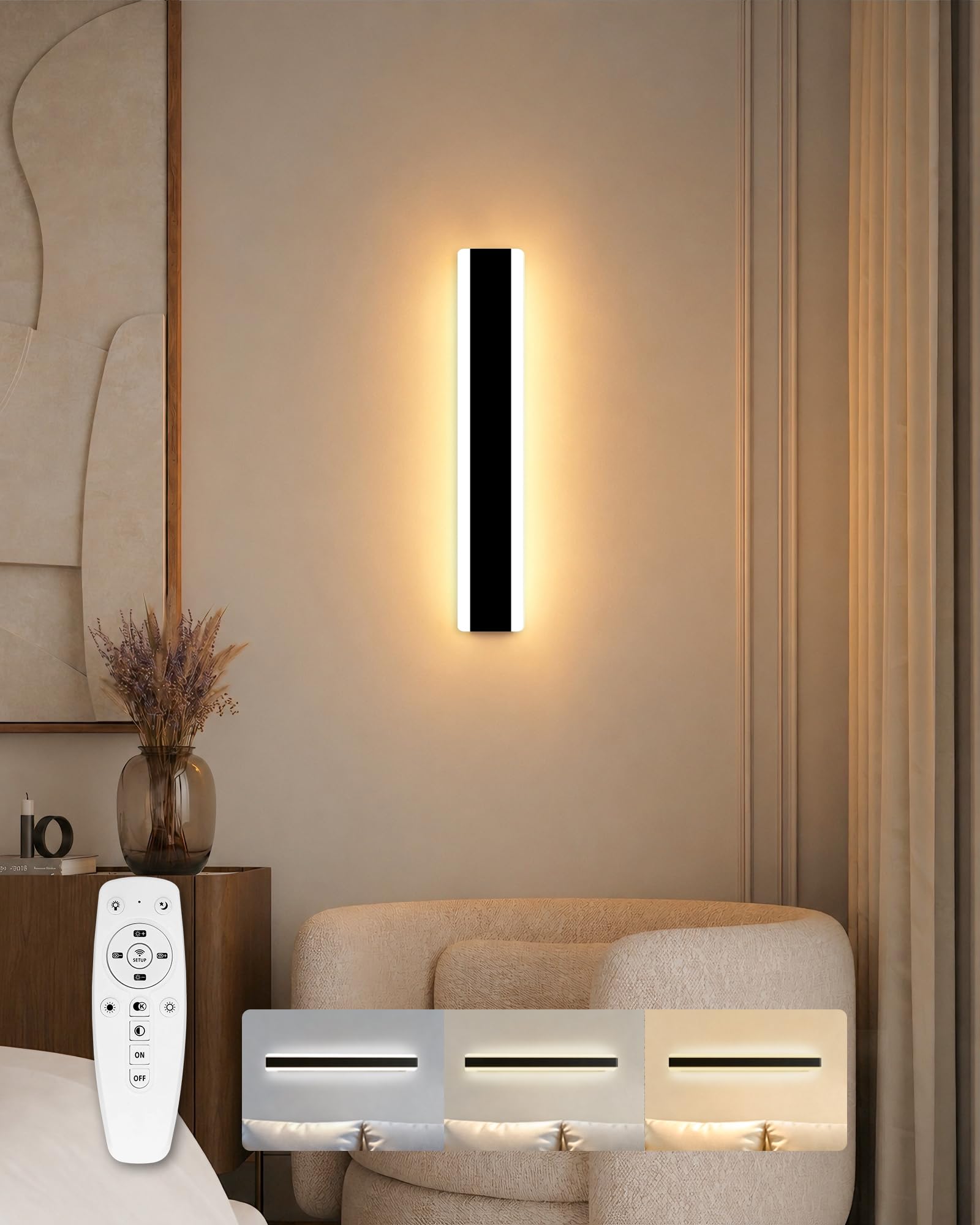Aplique Larga pared interior LED con Control Remoto,60CM Aplique | Regulable 10%-100%,3000K/4000K/6000K,Lámpara de Pared Moderno para Terraza Pasillo Entrada Villa,15W,Negro