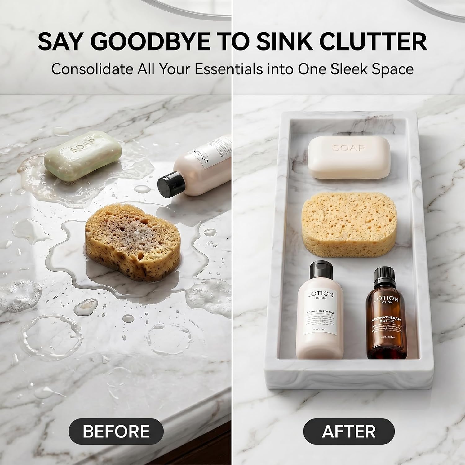 Bathroom Tray - Large 12" Silicone Bathroom Counter Tray for Bathroom Vanity, Countertop Organizer Tray, Dish Soap Dispenser Sponge Holder Kitchen Sink Tray, White Marble 2-Pack