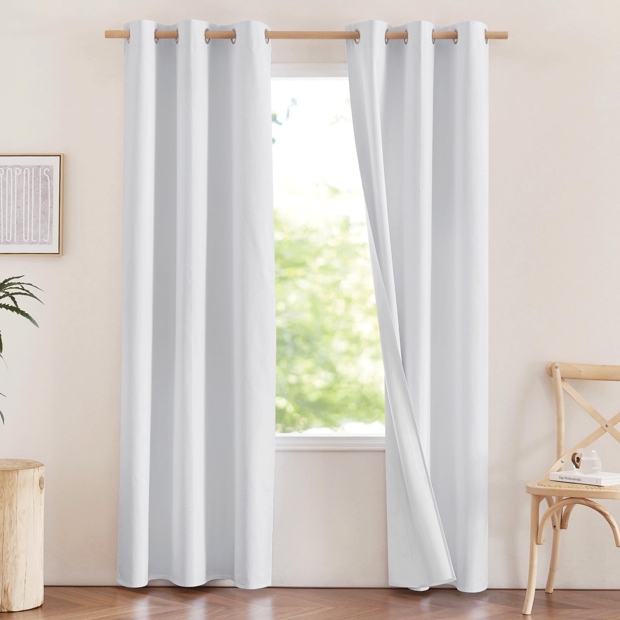 NICETOWN 100% Absolutely Blackout Linen Curtains with Thermal Insulated White Liner, White, 42 inches Wide, 84 inches Length Energy Saving Curtains for Living Room 2 Panels Set, Vertical Blinds