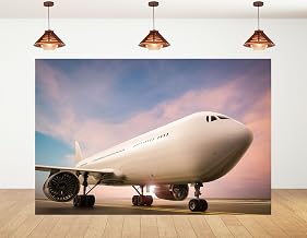 6x6ft Commercial Jet on Airport Runway Backdrop Pastel Pink and Blue Sky Photography Background for Modern Aviation Travel Themed Party Decorations Banner Photo Booth Props