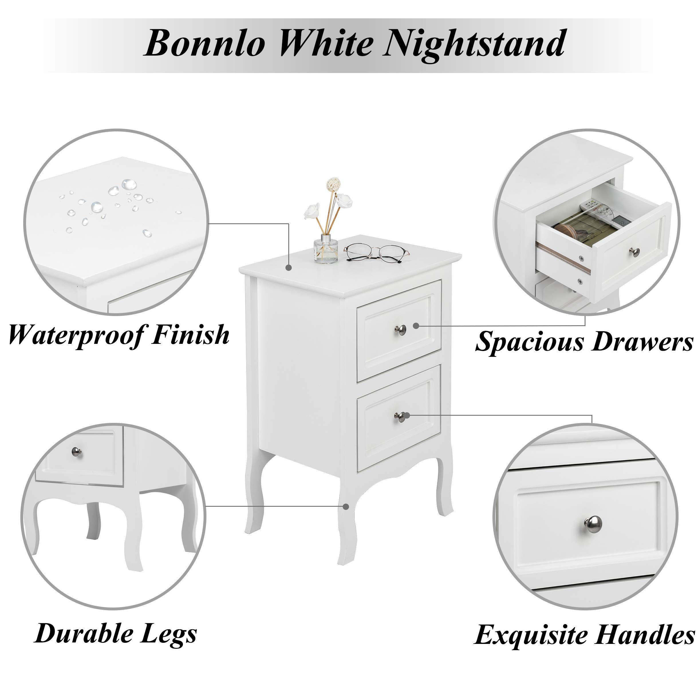 Bonnlo Nachttisch 2er Set, Beistelltisch Weiss, Nachtschrank mit 2 Schubladen, Nachtkommode Boxspringbetten, Kommode Schlafzimmer, 40 x 30 x 60 cm