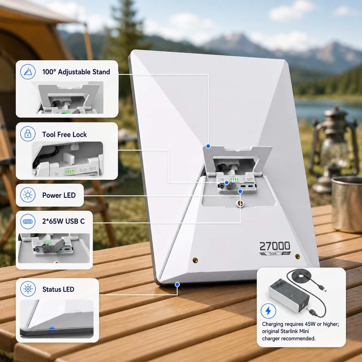 Elfcam - Batteria esterna Clip-on 99,9 Wh per Starlink Mini,Autonomia fino a 5 ore, 2 x Uscita DC e USB-C, supporto integrato IP65, conforme alle norme aeree