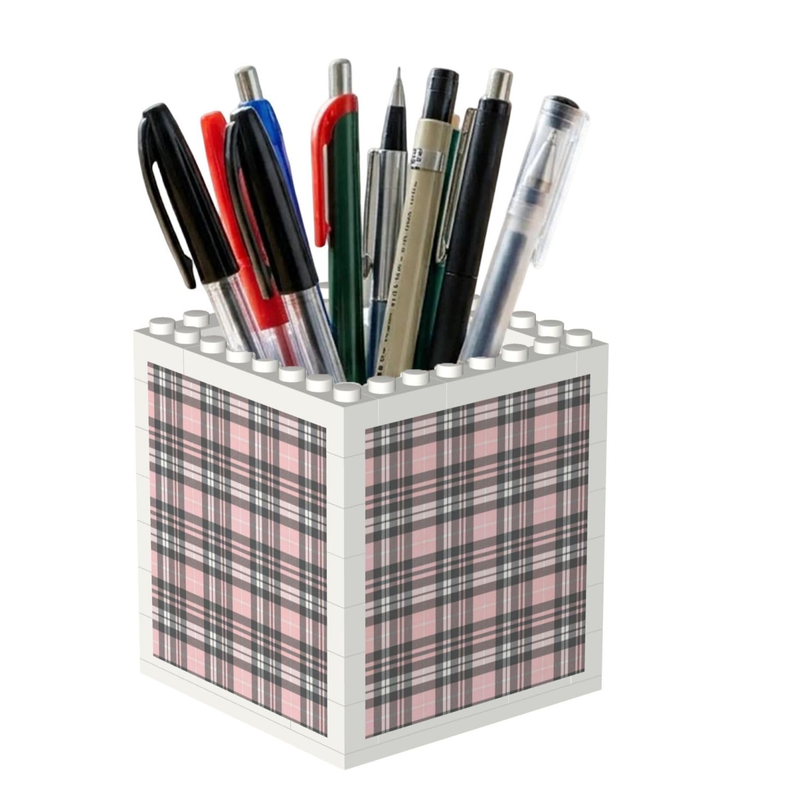 Poadnly Pink Grey Plaid Tartan, Pen Pot Pencil Holder for Office Home School, Compact Desk Organiser for Office Stationery