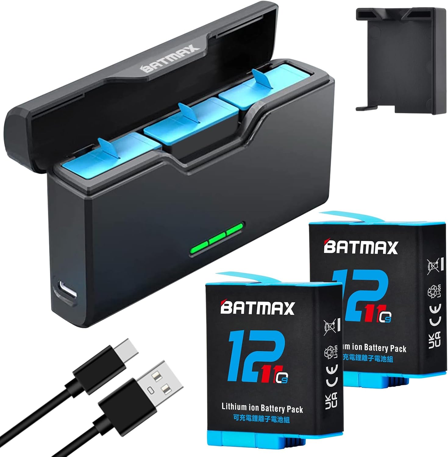 Batmax 2X 2000mAh Battery + Rapid Box Storage Triple USB-C Charger Fully Compatible with GoPro Hero 12/11/10/9 Cameras
