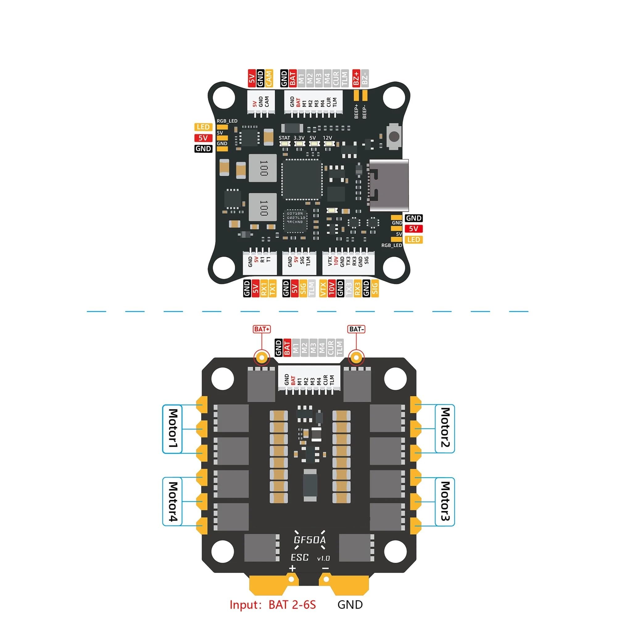 Spare parts G4 Alpha GF50A FPV Stack G473 Flight Controller FETTEC S2M Dshot2400 GF50A 4IN1 ESC compatibile con il modello di drone FPV Freestyle(4IN1 DShot2400 ESC)