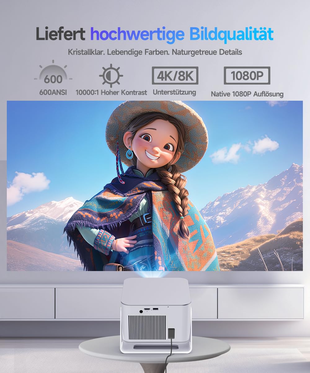 Alwtniet Mini Beamer Projektor 4K 8K Unterstützt, Full HD 1080P Smart Projector mit Android 14, WiFi 6 Bluetooth 5.4, Autofokus Auto Keystone 180°Dreh Beamer klein Heimkino Ultrakurzdistanz HY350MAX